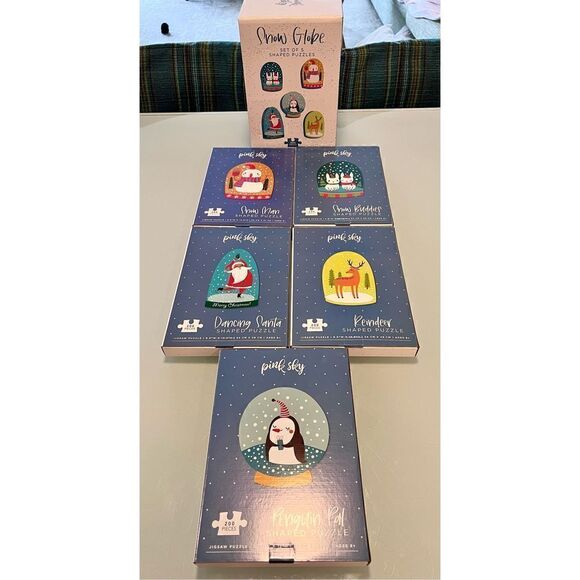 Pink Sky Snow Globe Puzzle Set of 5 200 Pcs Snowman Penguin Santa Reindeer - Picture 5 of 6